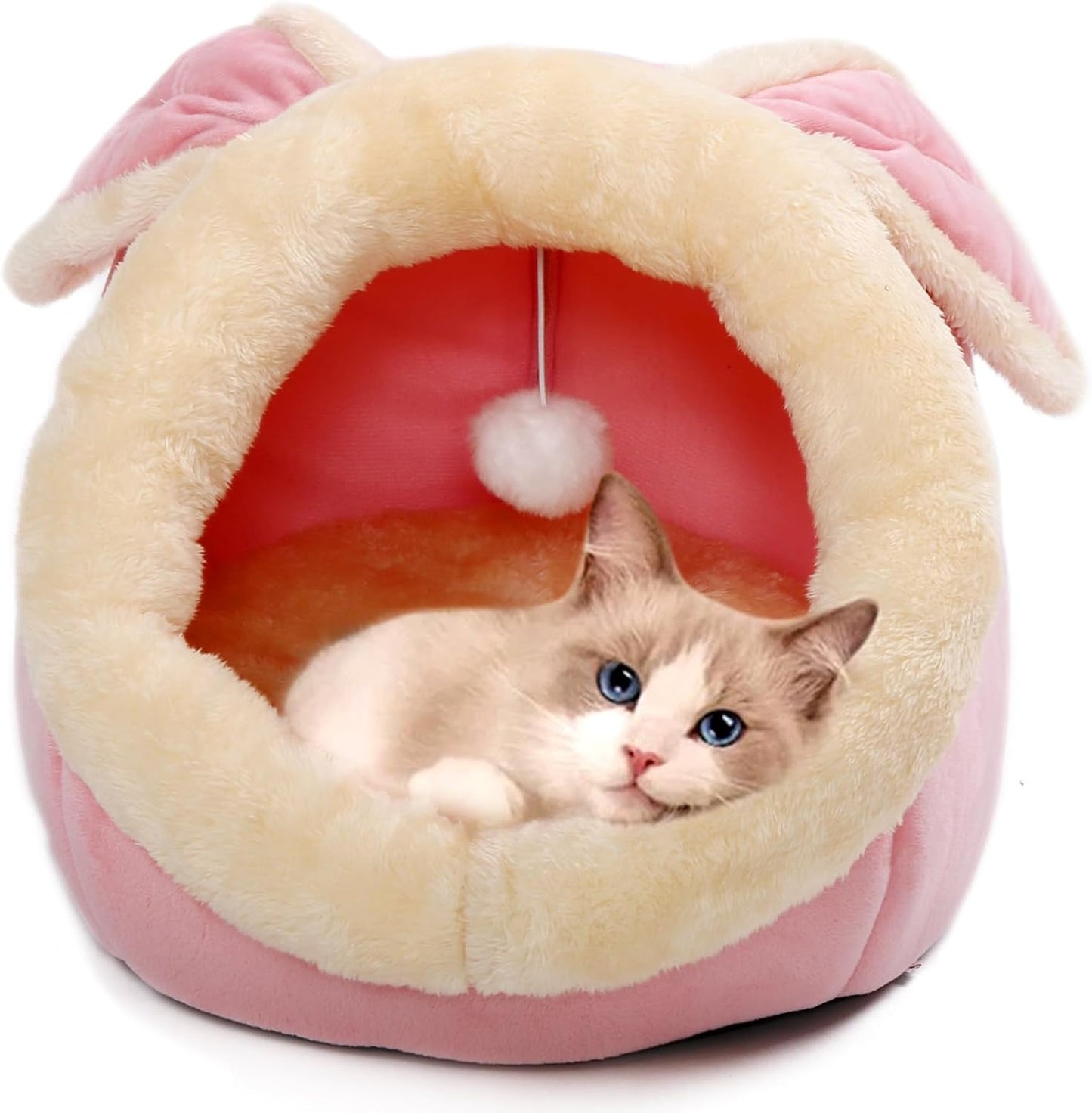 Lcybem Cat Beds for Indoor Cats - Rabbit-Shaped Cat Cave Bed with Hanging Toy,Super Soft Calming cat Tent for Kitten&Puppy,Small Dog,Warm Plush&Machine Washable&Removable Cotton Pad (Pink L) - Pet Explorer