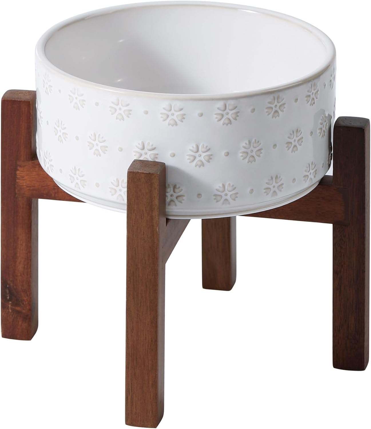 7.3inch Ceramic Raised Dog Bowl Set, Elevated with Acacia Wood Stand, Food and Water Bowl for Medium Breed Dogs, Weighted Dog Dishes, Pet Bowl(41OZ, Arctic White) - Pet Explorer