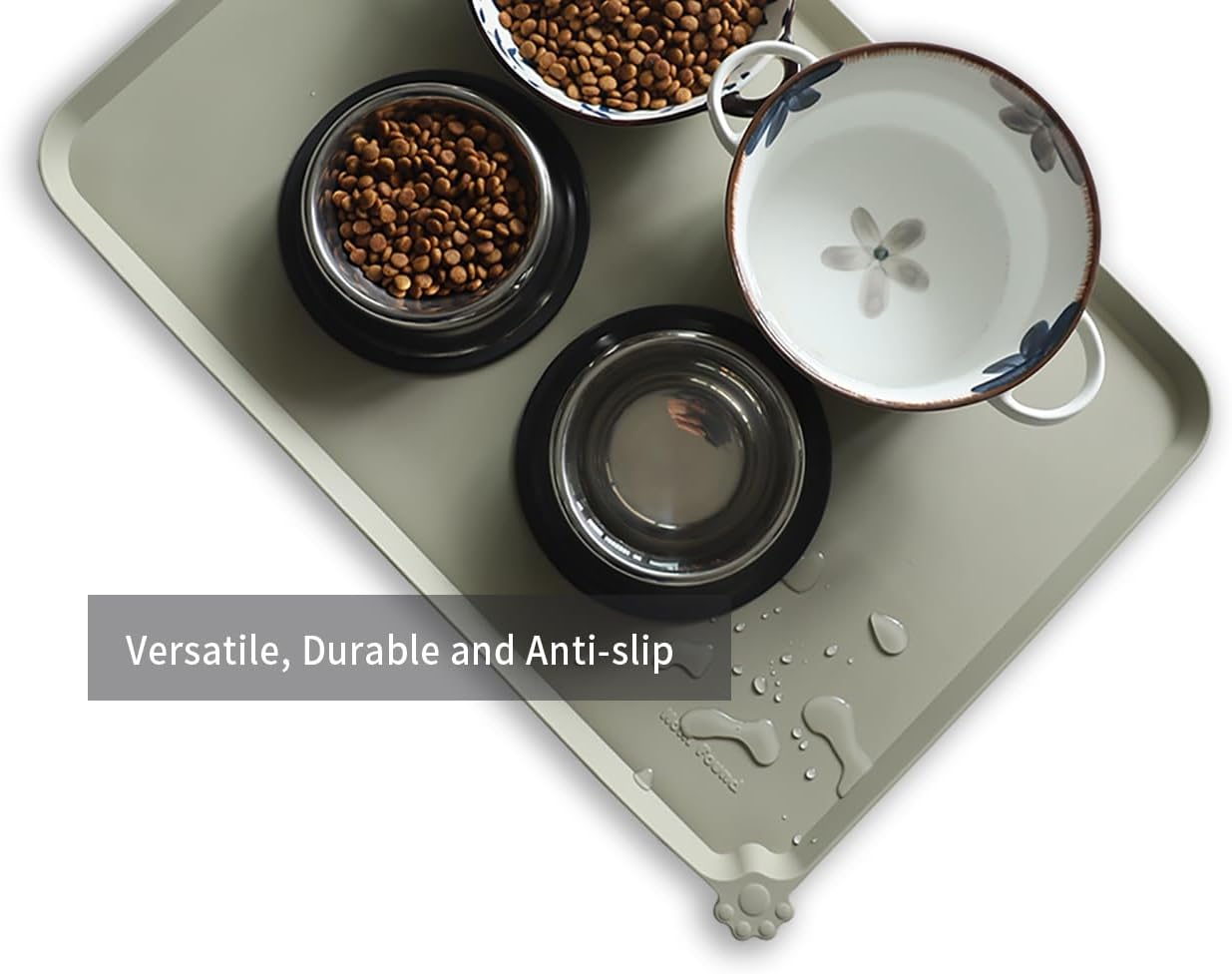 Hoki Found Large Silicone Non Slip Pet Food Mats - Bowl Placemats for Dog Cat - Waterproof - Cream Green - Pet Explorer
