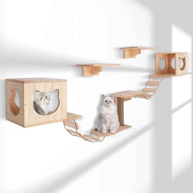 Wall Wood Cat Climber Set, Wall Mounted Cat Furniture Wooden Cat Shelves and Perches for Wall Cat Steps Ladder Cat Bed Activity Tree Cat Climbing
