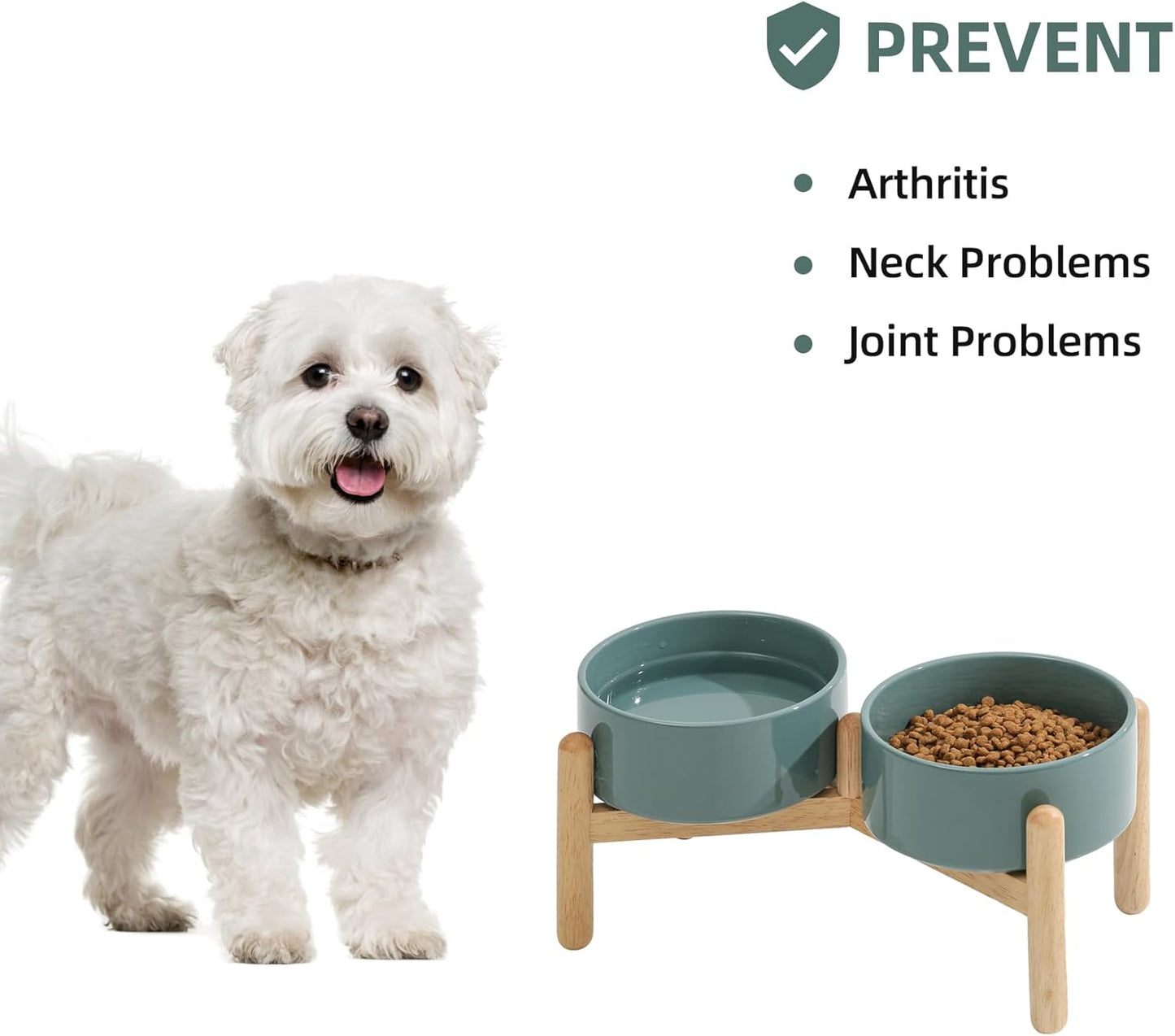 Ceramic 6.1inch Raised Dog Bowl with Stand for Small and Medium Breed Dog Dish Pet Food and Water Bowl (Double Bowl with Stand - Dark Green, 28oz) - Pet Explorer