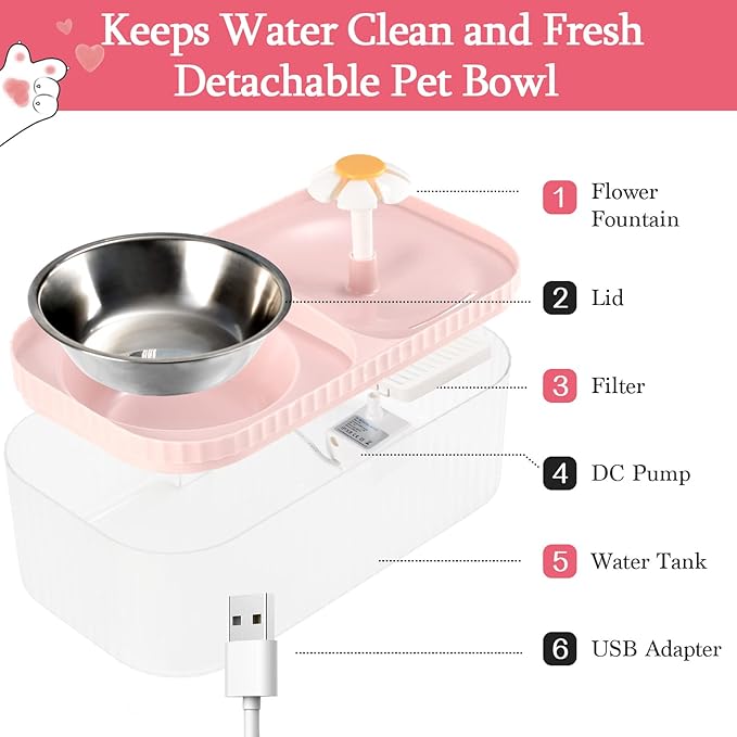Cat Water Fountain, Ultra Silent Pet Fountain 100oz/3L with Cat Bowl, Automatic Dog Water Dispenser with Smart Pump for Cats, Small to Medium Dogs