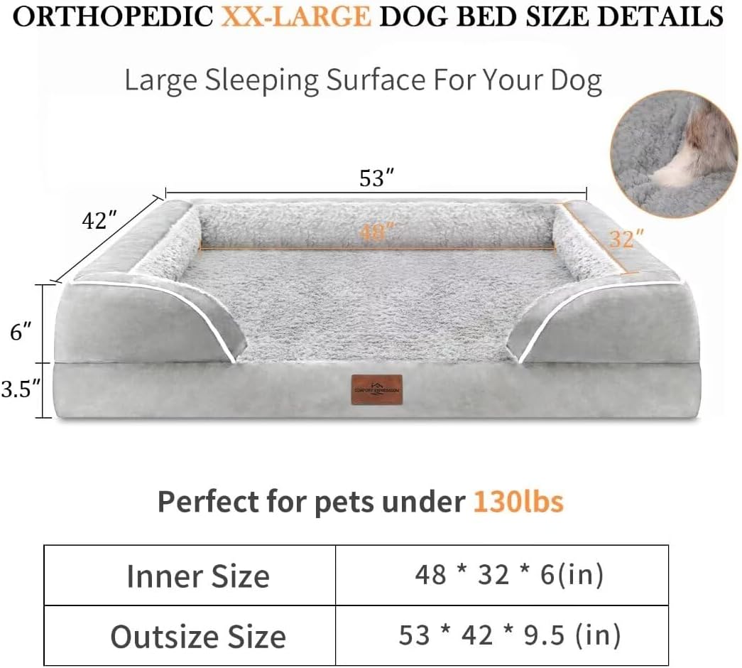 Comfort Expression XXL Dog Beds Waterproof for Extra Large Dogs, Orthopedic Memory Foam Dog Bed for Giant Dogs, Washable Pet Sofa Couch with Bolster & Removable Cover(XX-Large,Light Grey) - Pet Explorer