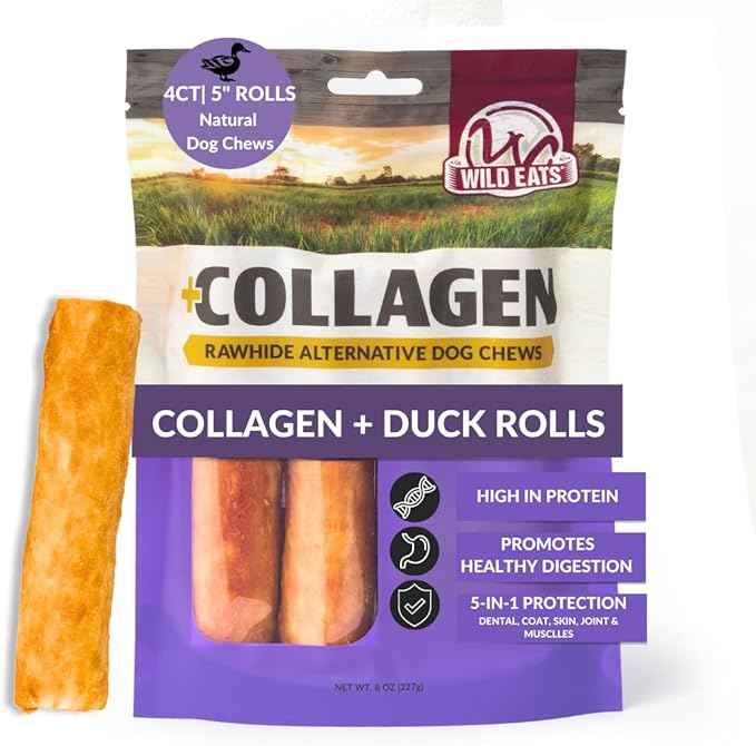 Wild Eats Duck Flavor Collagen Retriever Style Cheek Roll 5" Dog Chews-4 Pack (Long Lasting Dog Chews Treats & Bones for Medium Dogs) Substitute for Pig Ears for Dogs