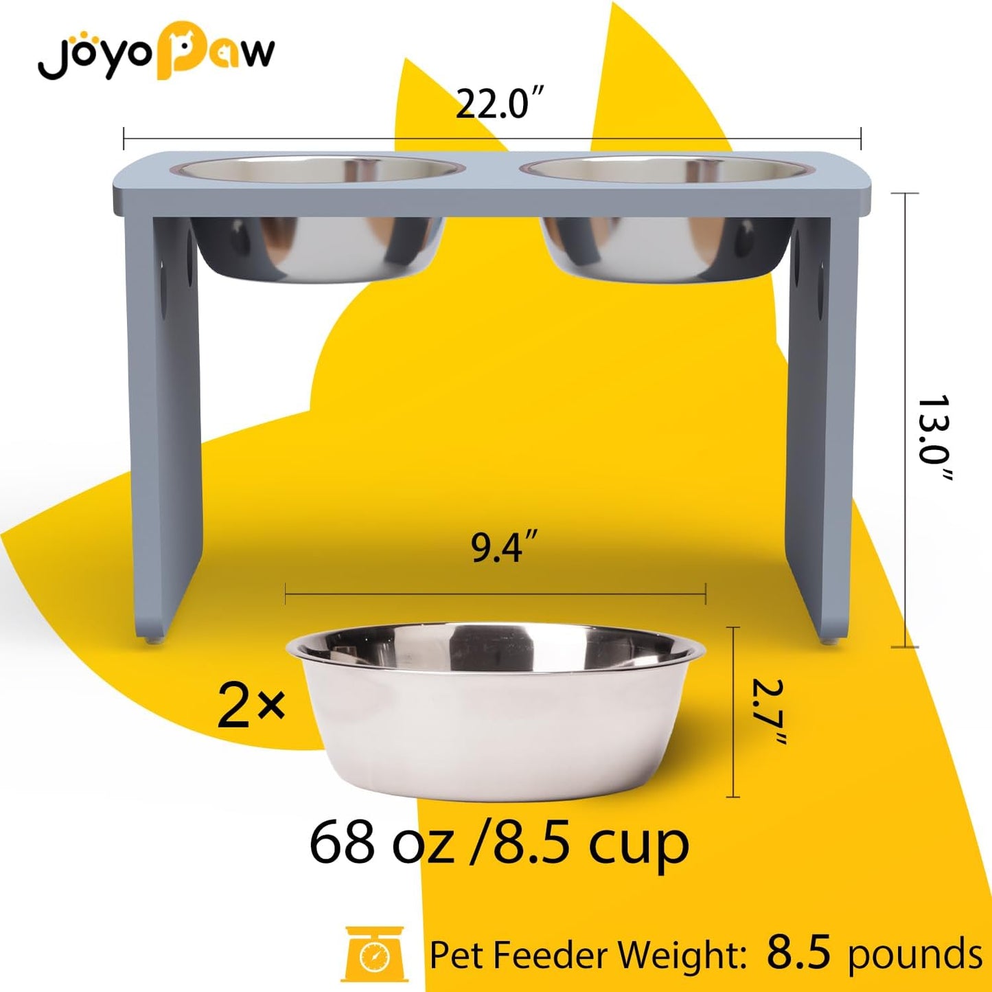 Elevated Dog Bowls, Bamboo Raised Dog Bowl for Large Dogs, with 2 Stainless Steel Bowls (13'' Tall-68oz Bowl, Grey) - Pet Explorer