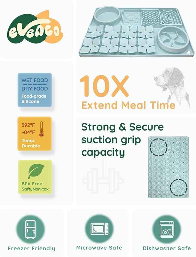 Slow Feeder Bowl for Dogs and Cats, Silicone Lick Mat & Snuffle Mat with Suction Cups - Interactive Puzzle Feeder, Slow Eating, Keep Busy and Reduce Vomiting (15.75" x 10.5" Mint Green)