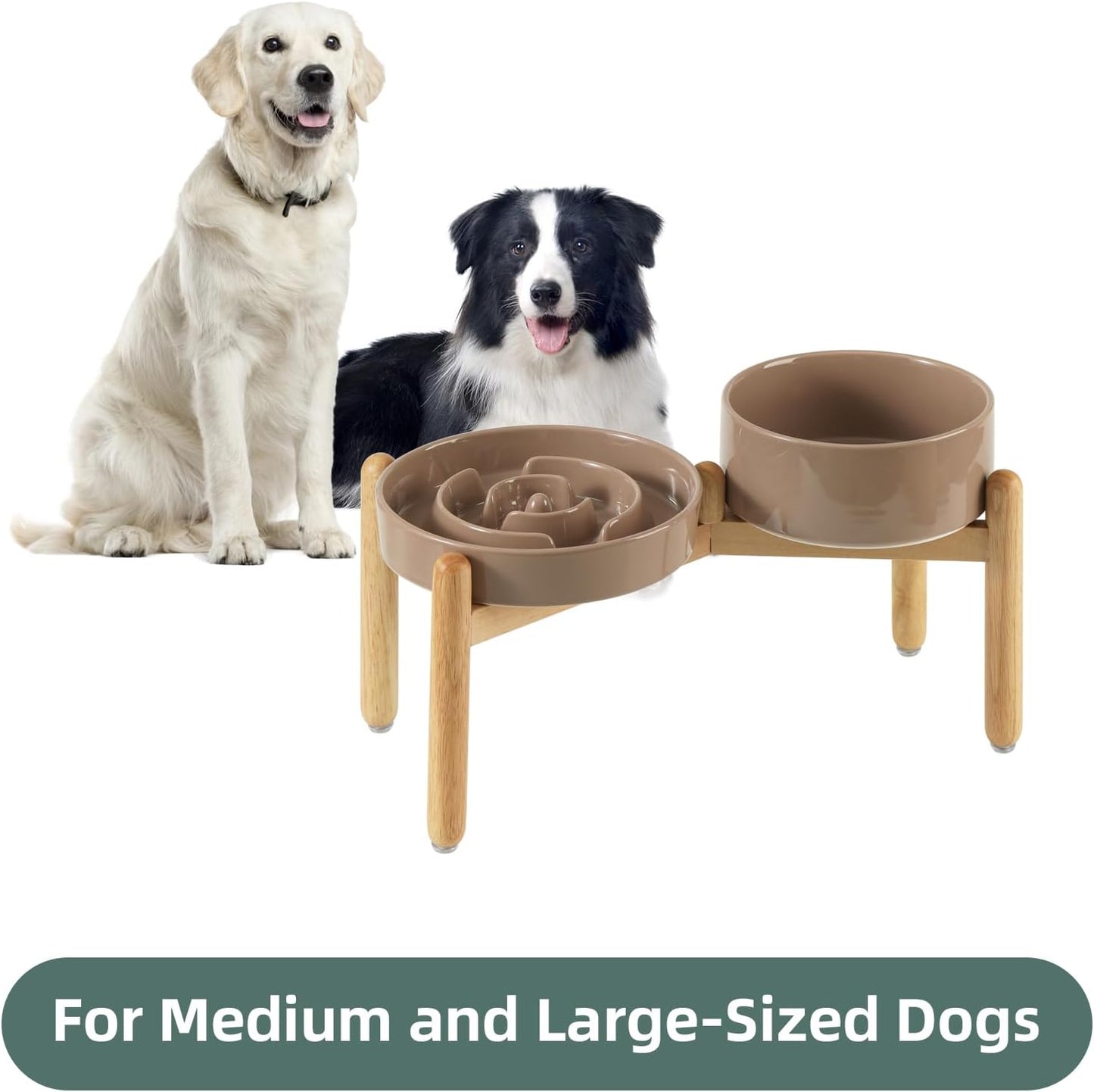 Ceramic Raised Slow Feeder Dog Bowl Set, Elevated 7.3inch Bowl and 8.2inch Puzzle Slow Dish with Wooden Stand for Medium and Large Dog, Anti-Gulping (2X Brown Coffee+ Stand) - Pet Explorer
