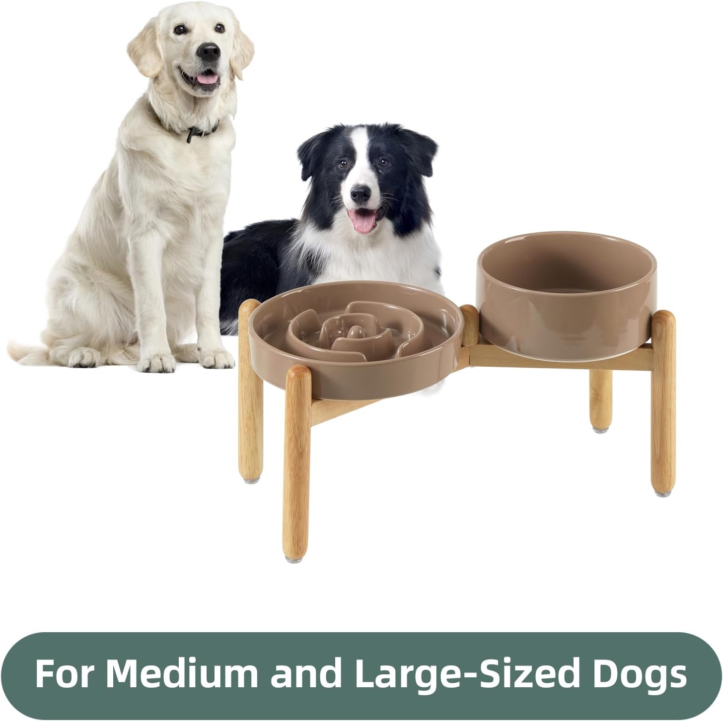 Ceramic Raised Slow Feeder Dog Bowl Set, Elevated 7.3inch Bowl and 8.2inch Puzzle Slow Dish with Wooden Stand for Medium and Large Dog, Anti-Gulping (2X Brown Coffee+ Stand) - Pet Explorer