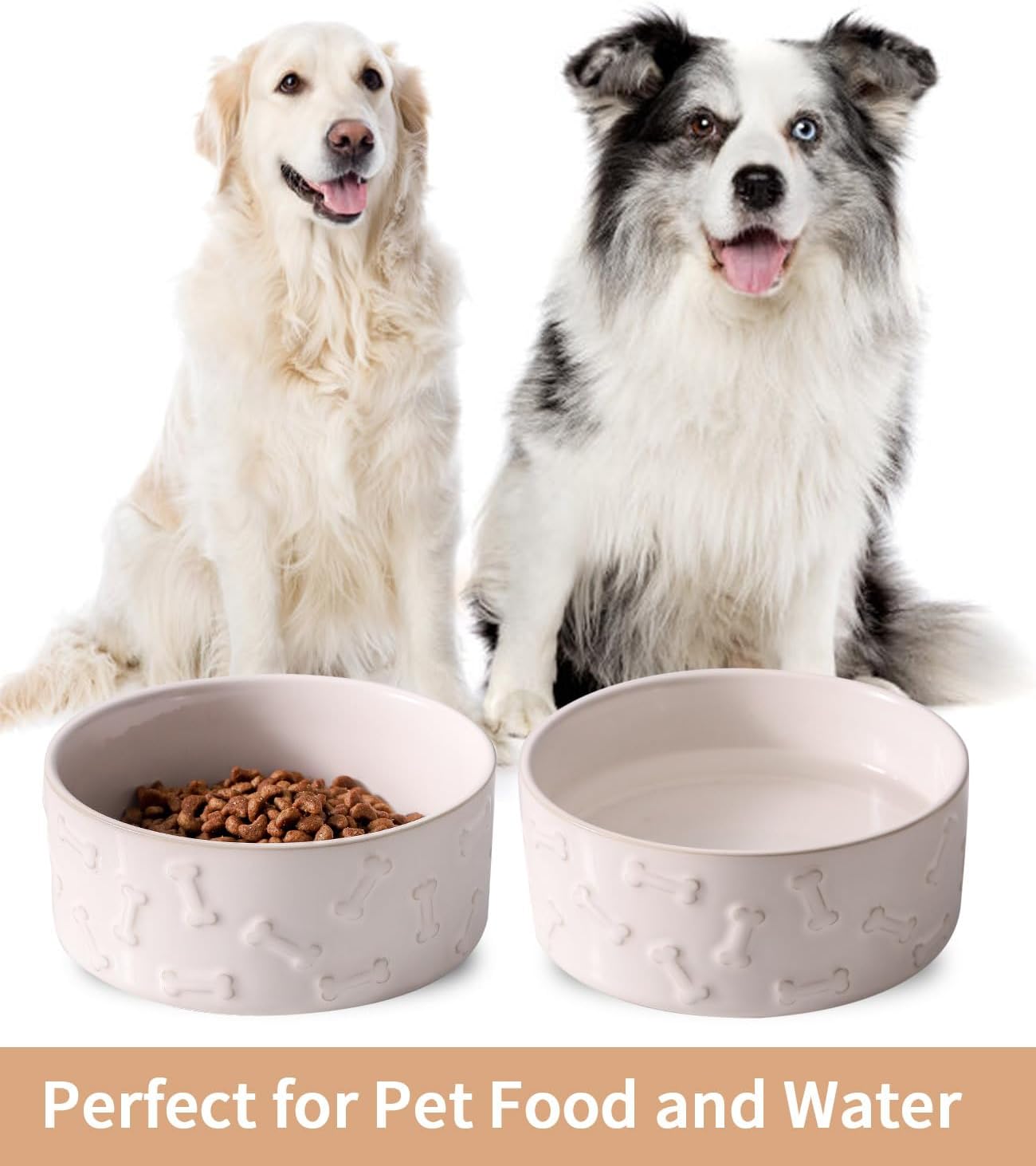 UBEE Ceramic Dog Food Bowl Set of 2, 6.1 inch Dog Bowls Dish with Bone Pattern, Pet Food Water Dish Feeding for Small and Medium Dogs and Large Cat, White - Pet Explorer