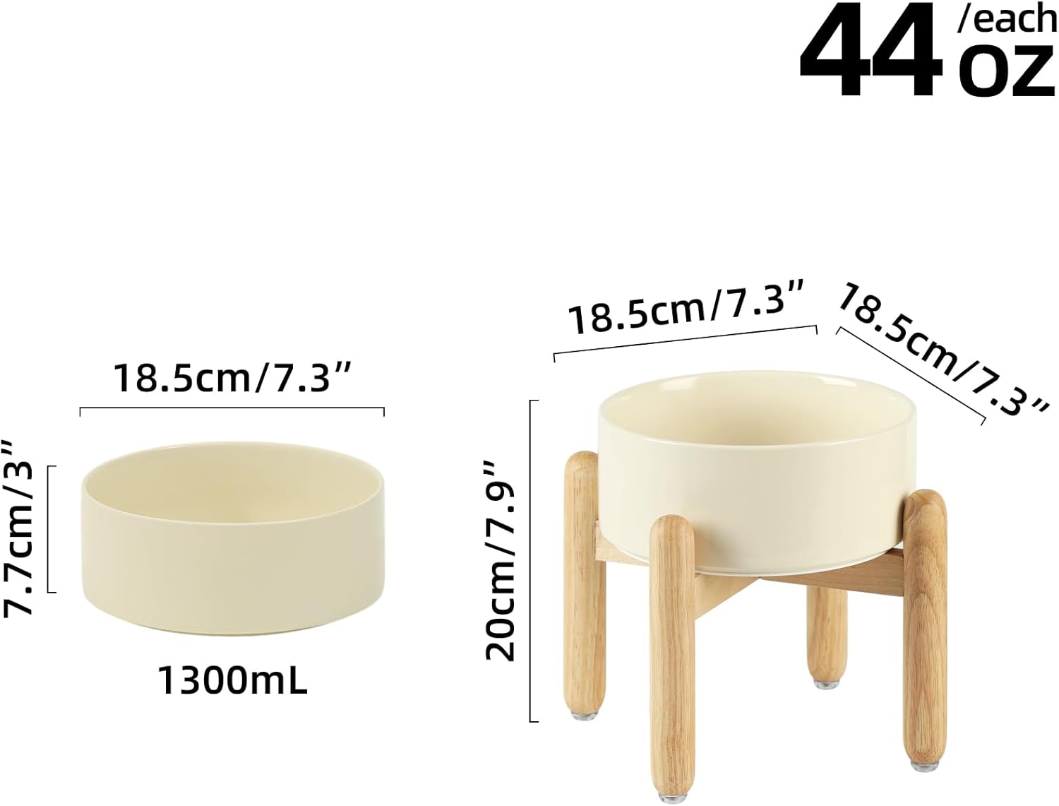 Ceramic 7.3inch Raised Dog Bowl Set, Elevated with Wooden Stand, Food and Water Bowl for Medium Breed Dogs, Weighted Dog Dishes, Pet Feeder(Beige) - Pet Explorer