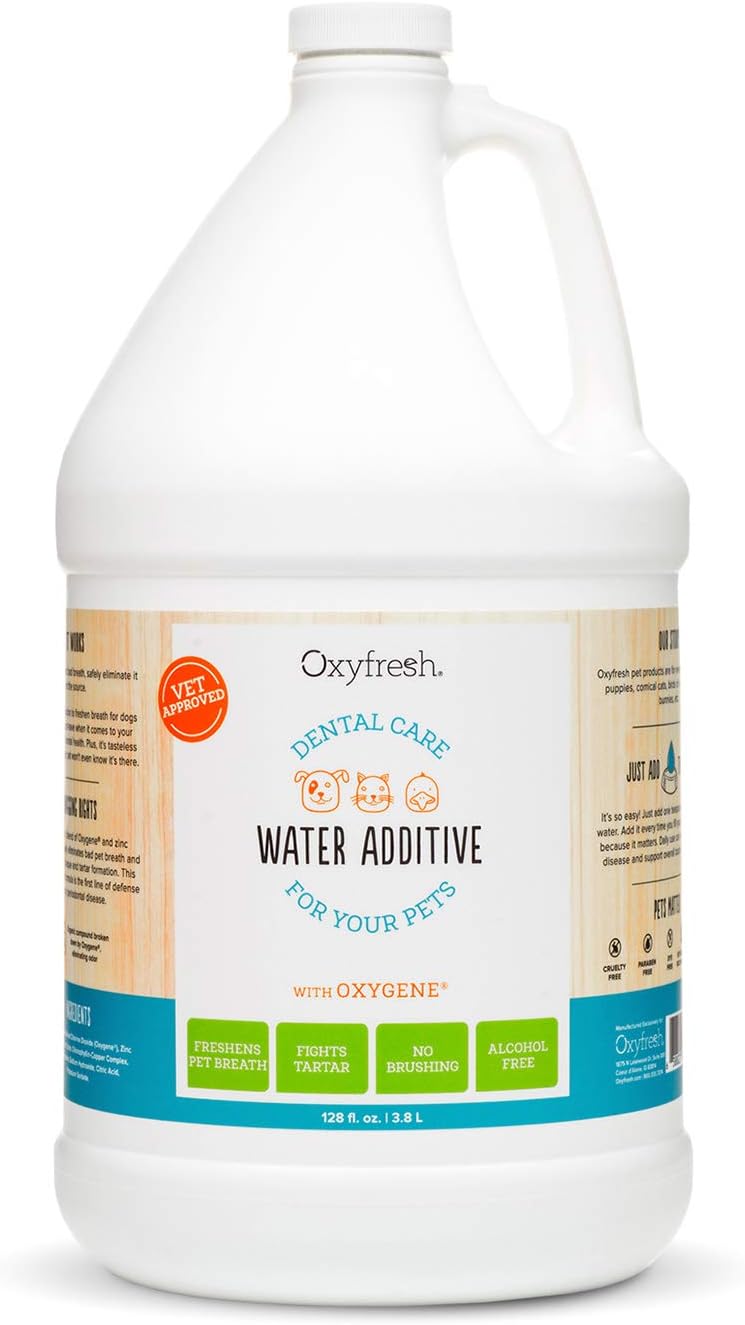 Oxyfresh Premium Pet Dental Care Solution Pet Water Additive: Best Way to Eliminate Bad Dog Breath and Cat Bad Breath - Fights Tartar & Plaque - So Easy, Just Add to Water! Vet Recommended 128 oz. - Pet Explorer