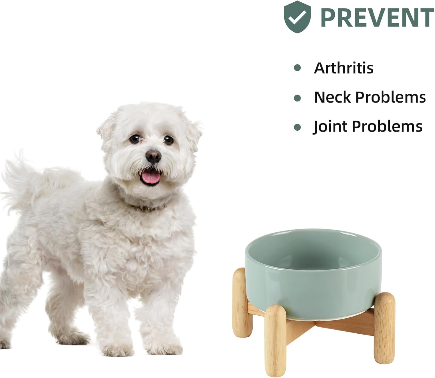 Ceramic 5.1inch Raised Dog and Cat Bowl Set, Elevated with Wooden Stand, Food and Water Bowl for Small Breed Dogs, Cats, Kitty, Weighted Dog Dishes, Pet Bowls(13.5oz, Light Green) - Pet Explorer