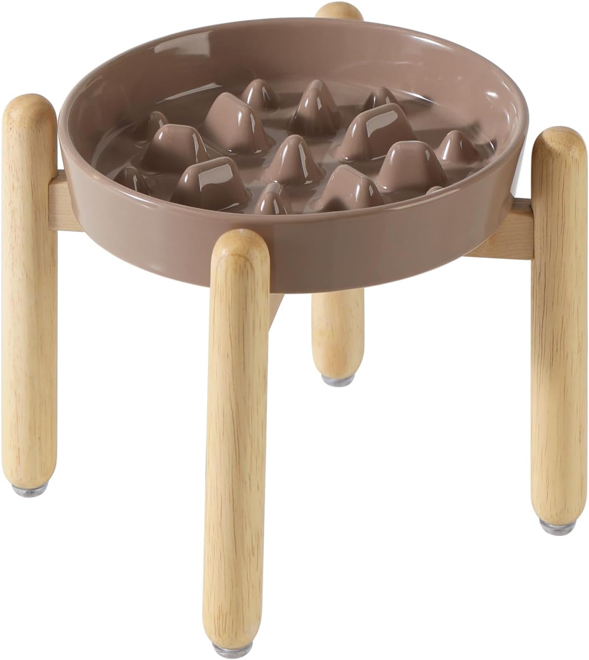8.2inch Ceramic Dog Raised Slow Feeder Set, Elevated Bowl with Wooden Stand for Large and Medium Dog, Slow Feeder Dish for Fast Easters, Stop Bloat(Brown Coffee, Single Bowl+ Stand) - Pet Explorer