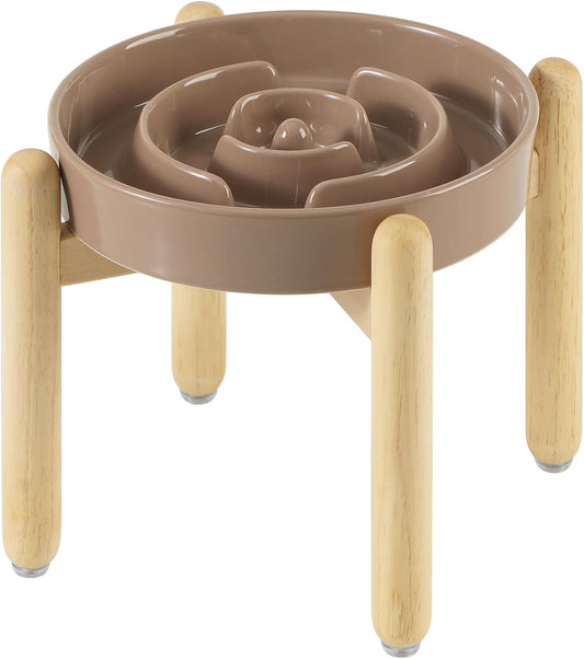 9.5inch Ceramic Raised Slow Feeder Dog Bowl Set, Elevated Bowl with Wooden Stand for Large Dog, Puzzle Slow Pet Food Dish, Preventing Choking(Brown Coffee, Single Bowl+ Stand) - Pet Explorer