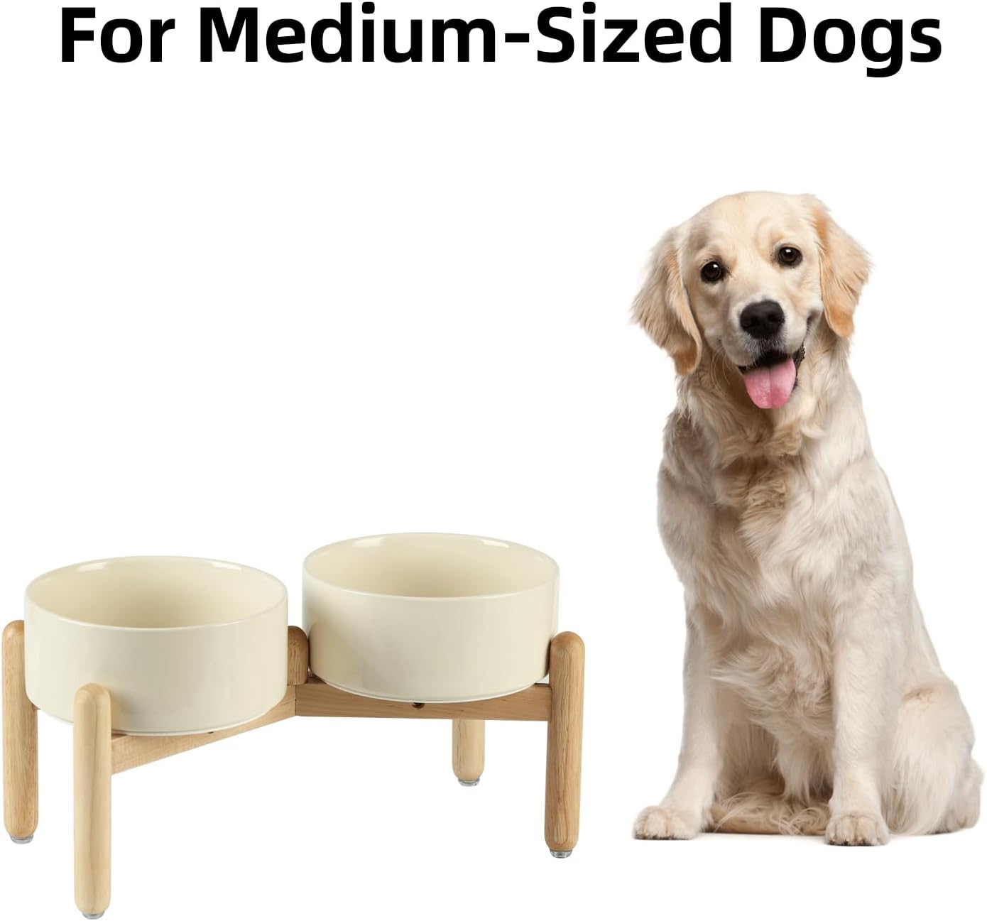 Ceramic 7.3inch Raised Double Bowls Set with Wooden Stand, Food & Water Bowls for Medium Breed Dogs, Weighted Dog Dishes, Pet Feeder(Beige) - Pet Explorer