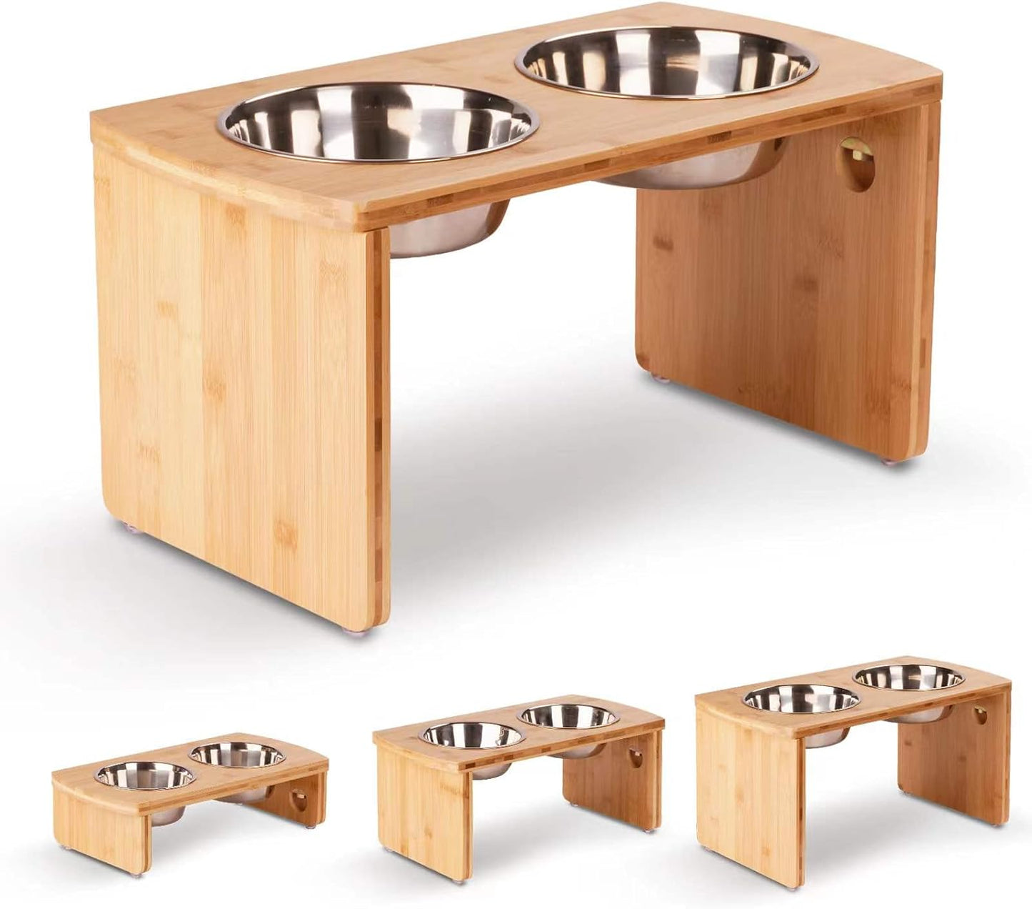 Elevated Dog Bowls, Bamboo Raised Dog Bowl for Large Dogs & Medium Dogs, with 2 Stainless Steel Bowls (10'' Tall–48 oz Bowl) - Pet Explorer