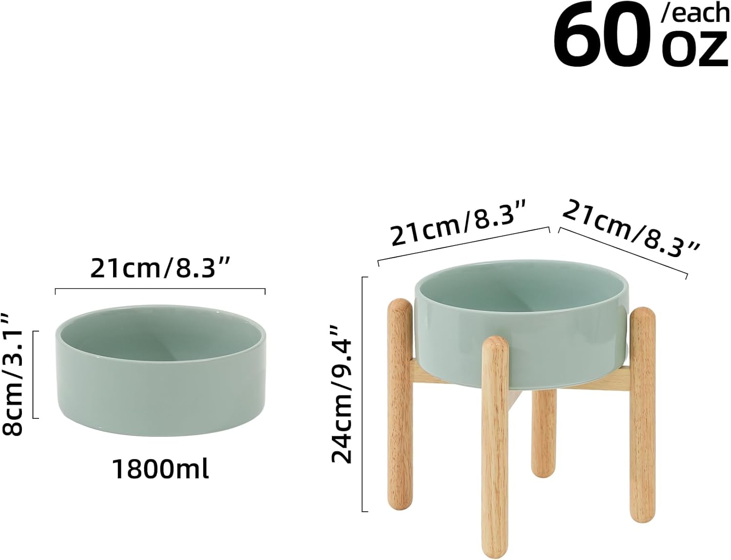 Ceramic 8.2inch Raised Dog Bowl with Stand for Large - Breed Dogs, Pet Food and Water Feeder(Single Bowl with Stand - Light Green) - Pet Explorer