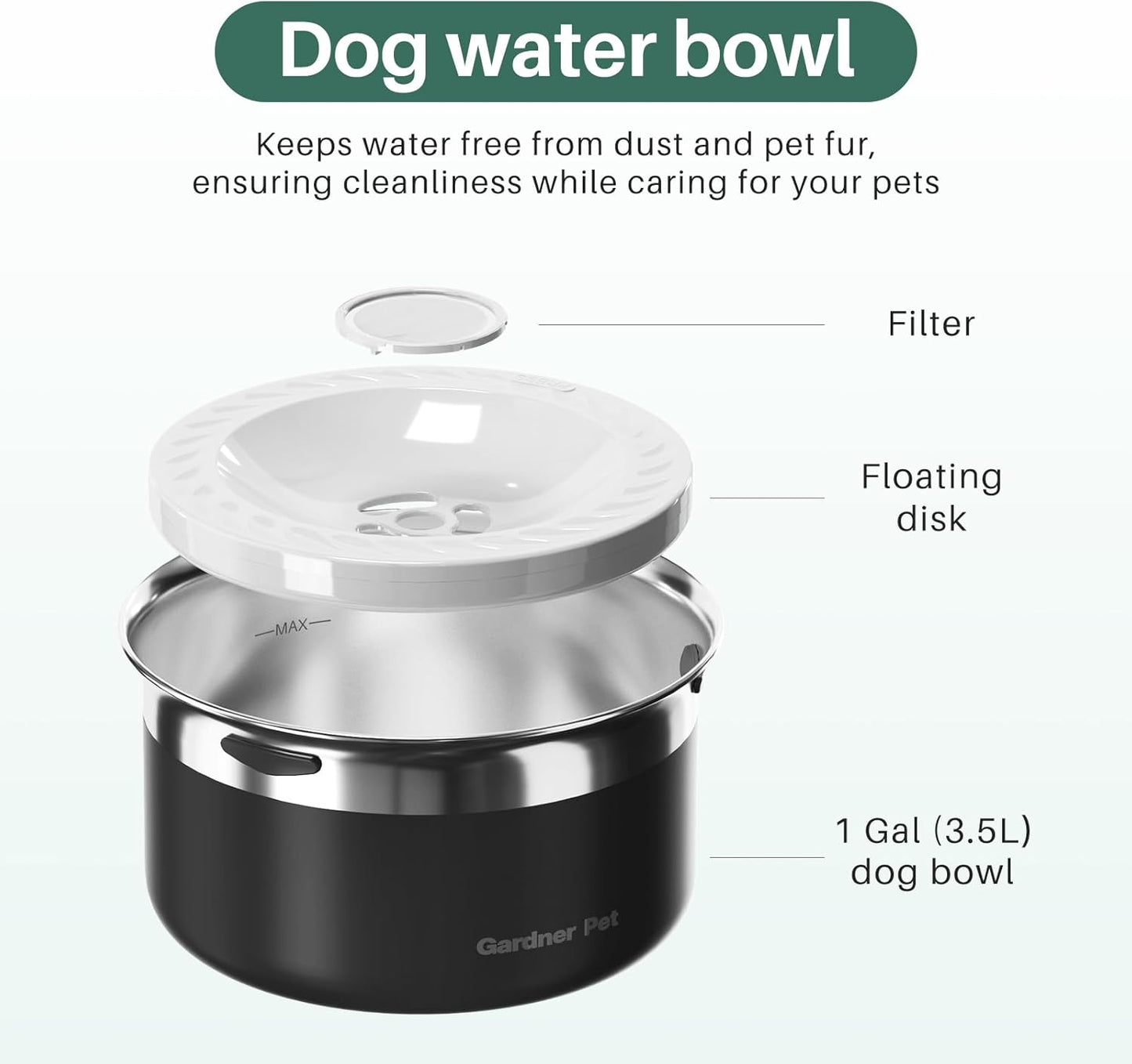 Gardner Pet Dog Bowls 1 Gallon (3.85L) Stainless Steel No Spill Dog Water Bowl, Slow Water Feeder Metal Bowls, Spill Proof Water Dispenser for Large Dogs, Promotes Healthy Hydration(Black) - Pet Explorer