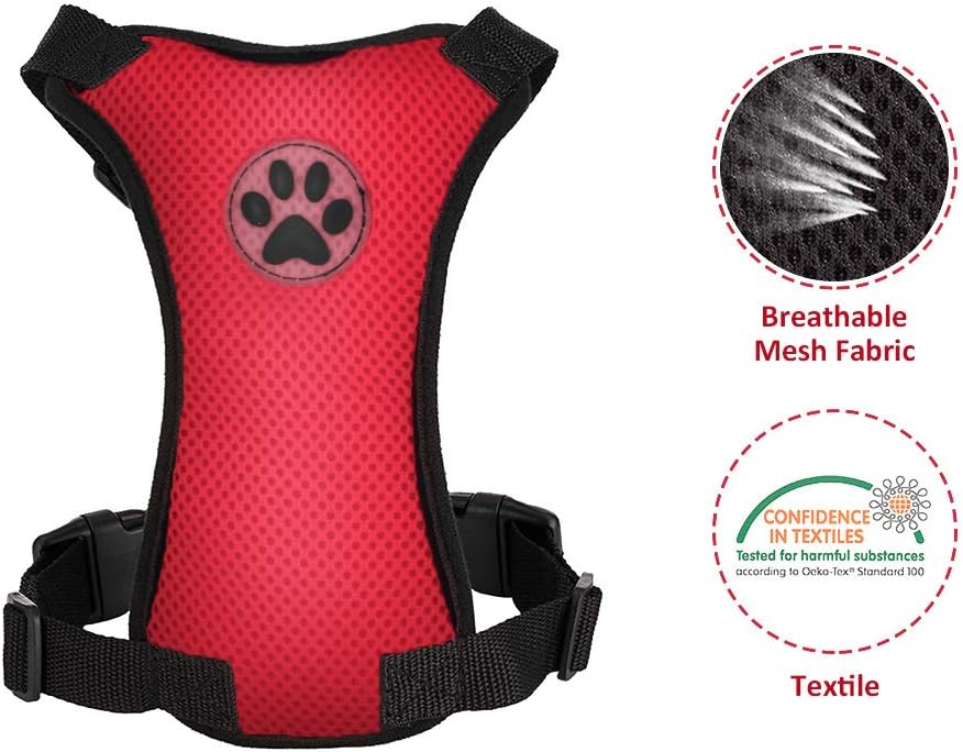 SlowTon Dog Seat Belt Harness for Car, Dog Car Harness Adjustable Mesh Breathable & Dog Seatbelt Safety Tether with Elastic Bungee for Small Medium Large Pets(Red Seatbelt, Single Clip, XXXS) - Pet Explorer