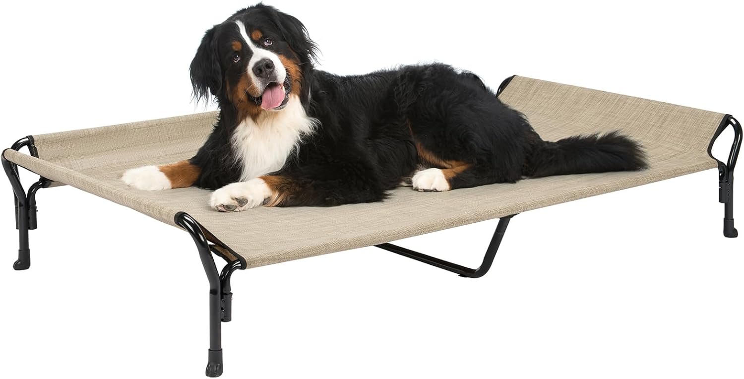Veehoo Cooling Elevated Dog Bed, Guardrail Raised Pet Cot, Indoor & Outdoor XXL Pet Bed with Washable & Breathable Teslin Mesh, Non-Slip Feet, Dog Couch Bed, 62.5" x 37", Beige Coffee - Pet Explorer
