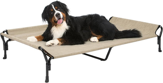 Veehoo Cooling Elevated Dog Bed, Guardrail Raised Pet Cot, Indoor & Outdoor XXL Pet Bed with Washable & Breathable Teslin Mesh, Non-Slip Feet, Dog Couch Bed, 62.5" x 37", Beige Coffee - Pet Explorer