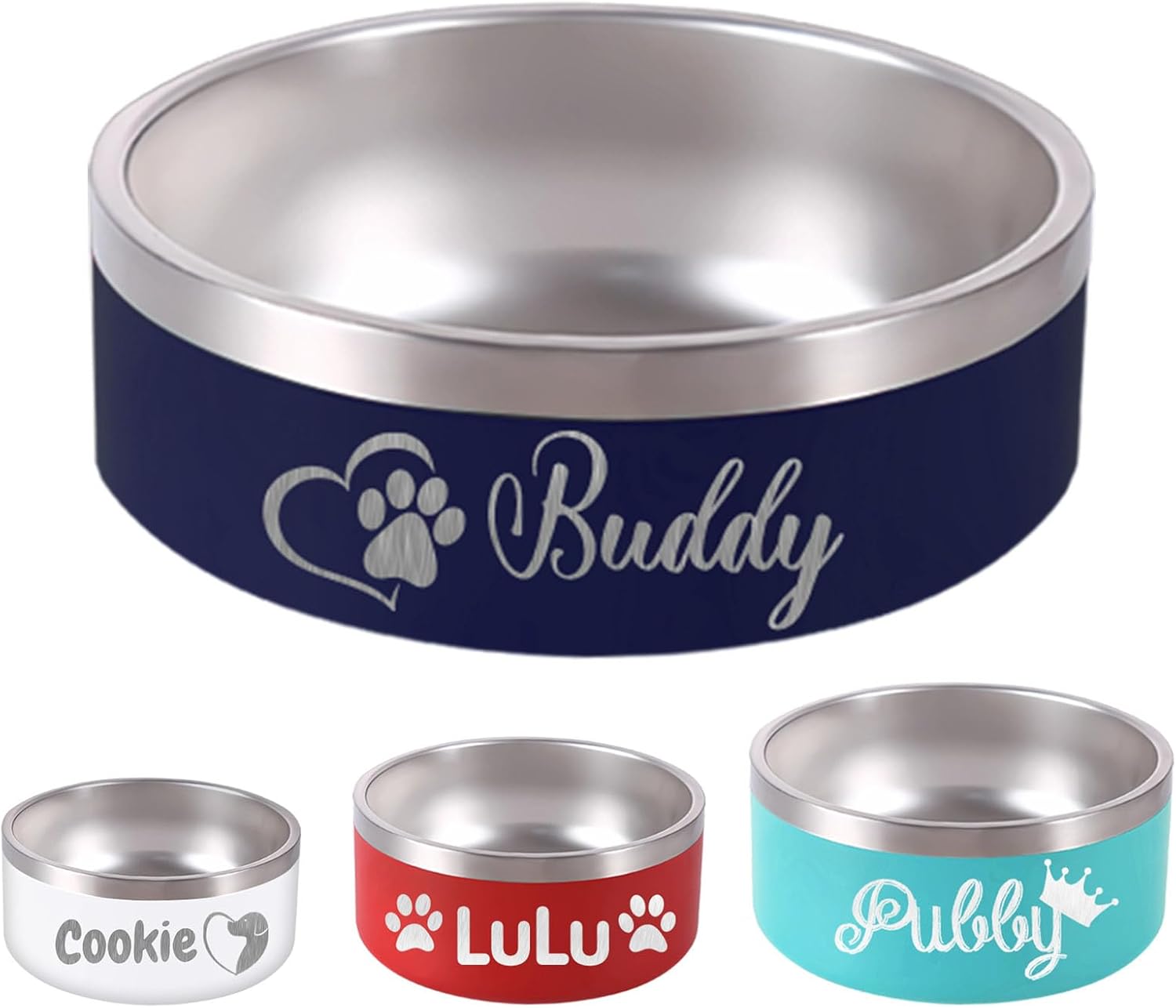 Personalized Dog Bowl Laser Engraved Custom Pet Name 18/32/42/64 oz No Slip Stainless Steel Insulated Bite-Resistant Food Water Dishes-Navy - Pet Explorer