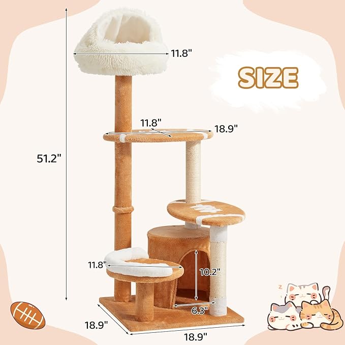 Erinnyees Cute Cat Tree for Indoor Cats Large Adult, 51" Multi-Level Tower with Condo & 12-Inch Plush Cat Bed, Football Shaped Platform, Space-Saving Cat Furniture for Apartments, Easy to Assembly