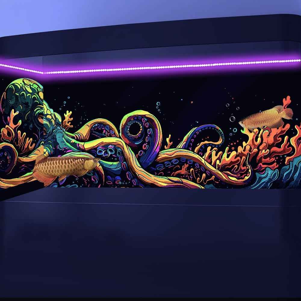 36X20IN Blacklight Octopus Sea Monster HD 3D Black Light Aquarium Background UV Reactive Background Terrarium Background with 10 EVA Double-Sided Tape