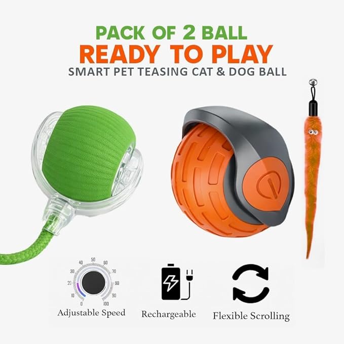 Interactive Cat Ball Toy – Smart Rolling Pet Ball with Obstacle Avoidance, USB Rechargeable, Cord Tail Design – Fun Enrichment Toy for Indoor Cats & Small Dogs (Orange + Green)