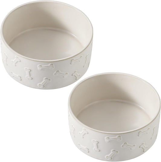 UBEE Ceramic Dog Food Bowl Set of 2, 6.1 inch Dog Bowls Dish with Bone Pattern, Pet Food Water Dish Feeding for Small and Medium Dogs and Large Cat, White - Pet Explorer