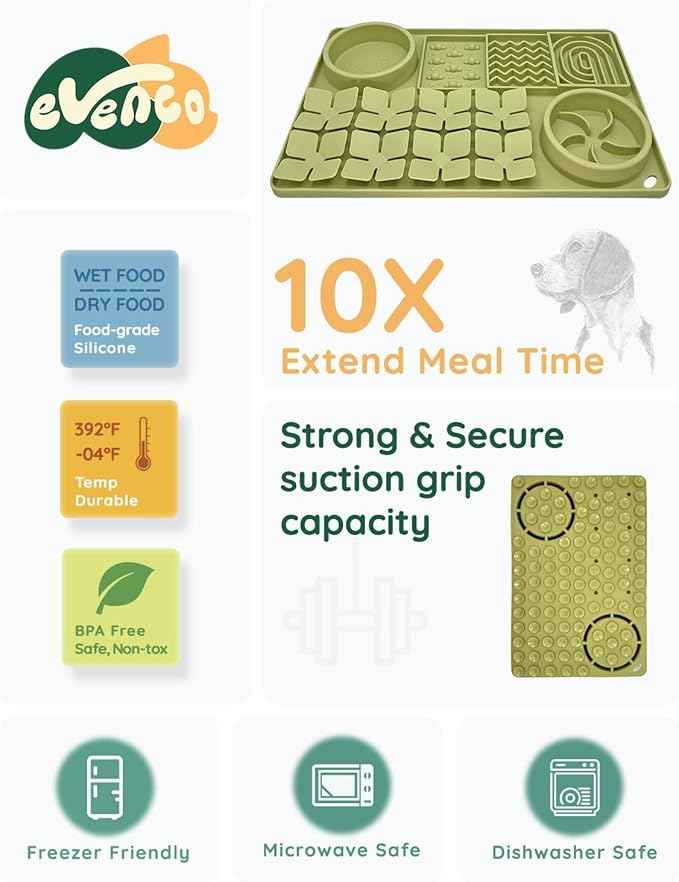 Slow Feeder Bowl for Dogs and Cats, Silicone Lick Mat & Snuffle Mat with Suction Cups - Interactive Puzzle Feeder, Slow Eating, Keep Busy and Reduce Vomiting (15.75" x 10.5" Green)