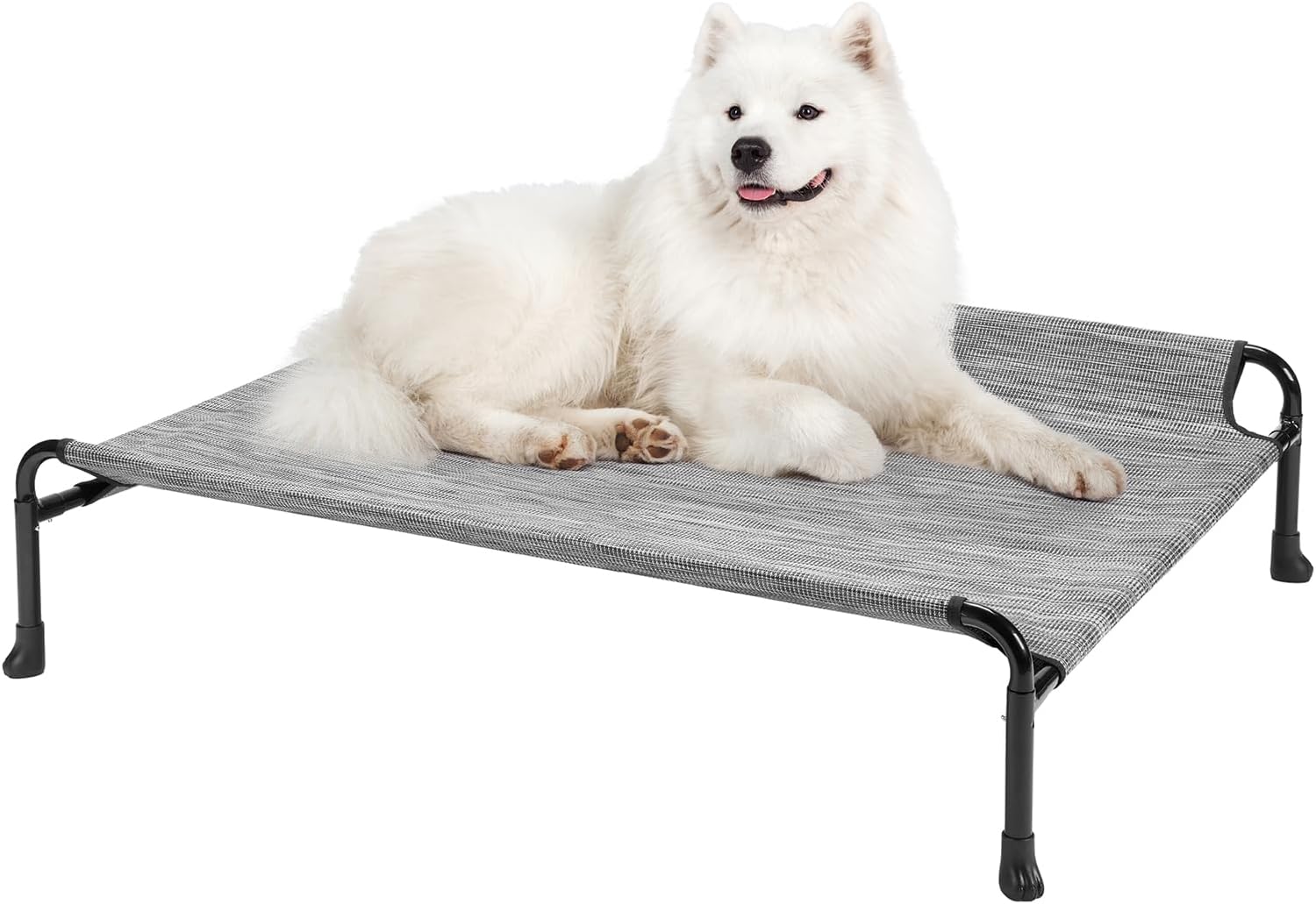 Veehoo Elevated Dog Bed, Cooling Raised Dog Bed with Guardrail & Headrest, Upgraded Non-Slip Silicon Feet, Breathable Teslin Mesh, Portable Pet Cot for Indoor and Outdoor, 35 x 22 Inches, Black Silver - Pet Explorer