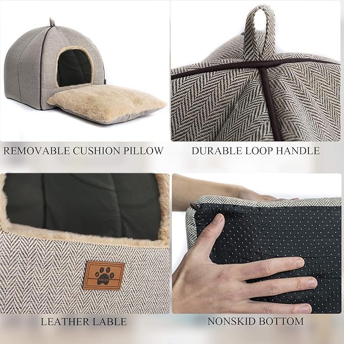 Cat Bed - Cat Cave House Tent with Washable Cushioned Pillow, Soft Kitten Beds, Pet Furniture (Large, Beige) - Pet Explorer