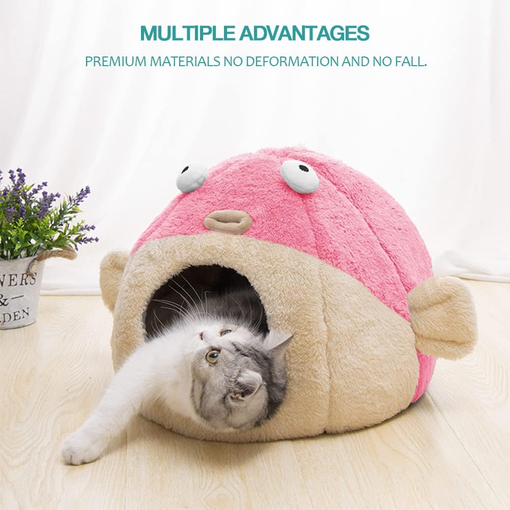Cat Beds for Indoor Cats - Cat Bed Cave with Removable Washable Cushioned Pillow, Soft Plush Premium Cotton No Deformation Pet Bed, Lively Pufferfish Cat House Design, Pink, Multiple Sizes(L) - Pet Explorer