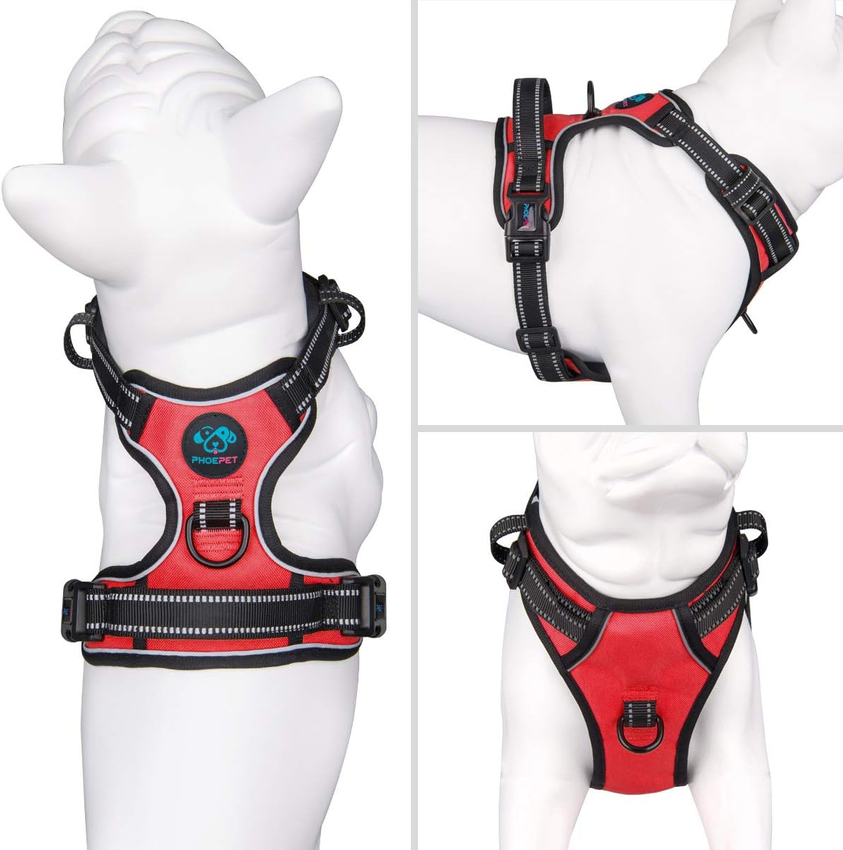 PHOEPET Reflective Dog Harness No Pull Large Breed Vest with 2 Metal Leash Attachment Hooks(XL, Red) - Pet Explorer