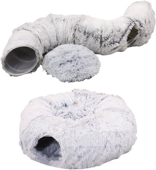 Cat Tunnel with Bed for Indoor Use Under Christmas Tree Soft Plush Cat Cave Donut Tunnel, Multifunctional Playground Toys Hideplace for Kittens, Rabbit, Ferret (Grey) - Pet Explorer