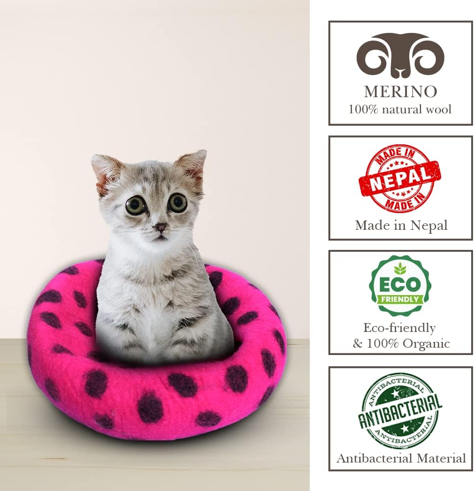 Woolygon Premium Felt Cat Cave Bed - Polka Dot Series - Wool Kitty Beds Handcrafted Kitten Caves Bed for Indoor Cats - Eco-Friendly Merino Wool, Foldable Cat Hideaway Cat Houses (Pink/Black Dots) - Pet Explorer