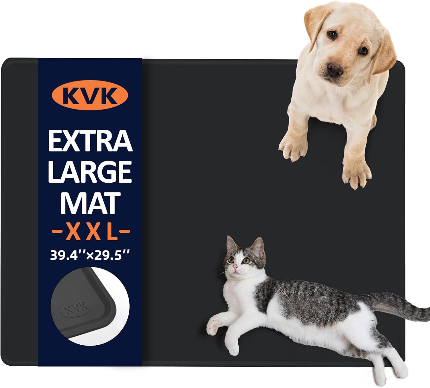 KVK Dog Food Mat, 39.4×29.5in Extra Large Silicone Pet Feeding Mat - Waterproof, Non - Slip, Chew - Resistant for Food & Water, Protect Floors (Charcoal) - Pet Explorer