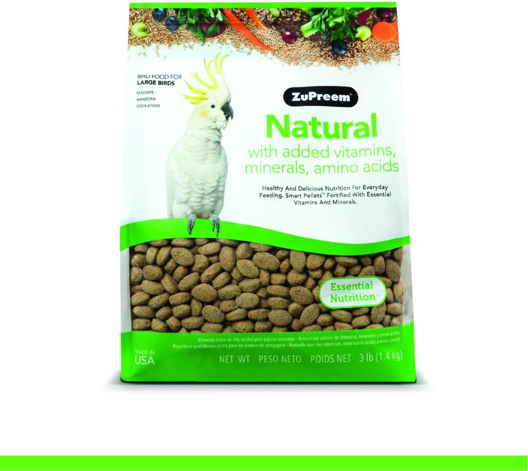 ZuPreem Natural Bird Food, Bird Feed Pellets for Amazons, Cockatoos & Macaws, ZuPreem Core Nutrition, Made in USA, Added Vitamins, Cockatoo Food, Macaw Feed, (Large, 3 lb Bag)
