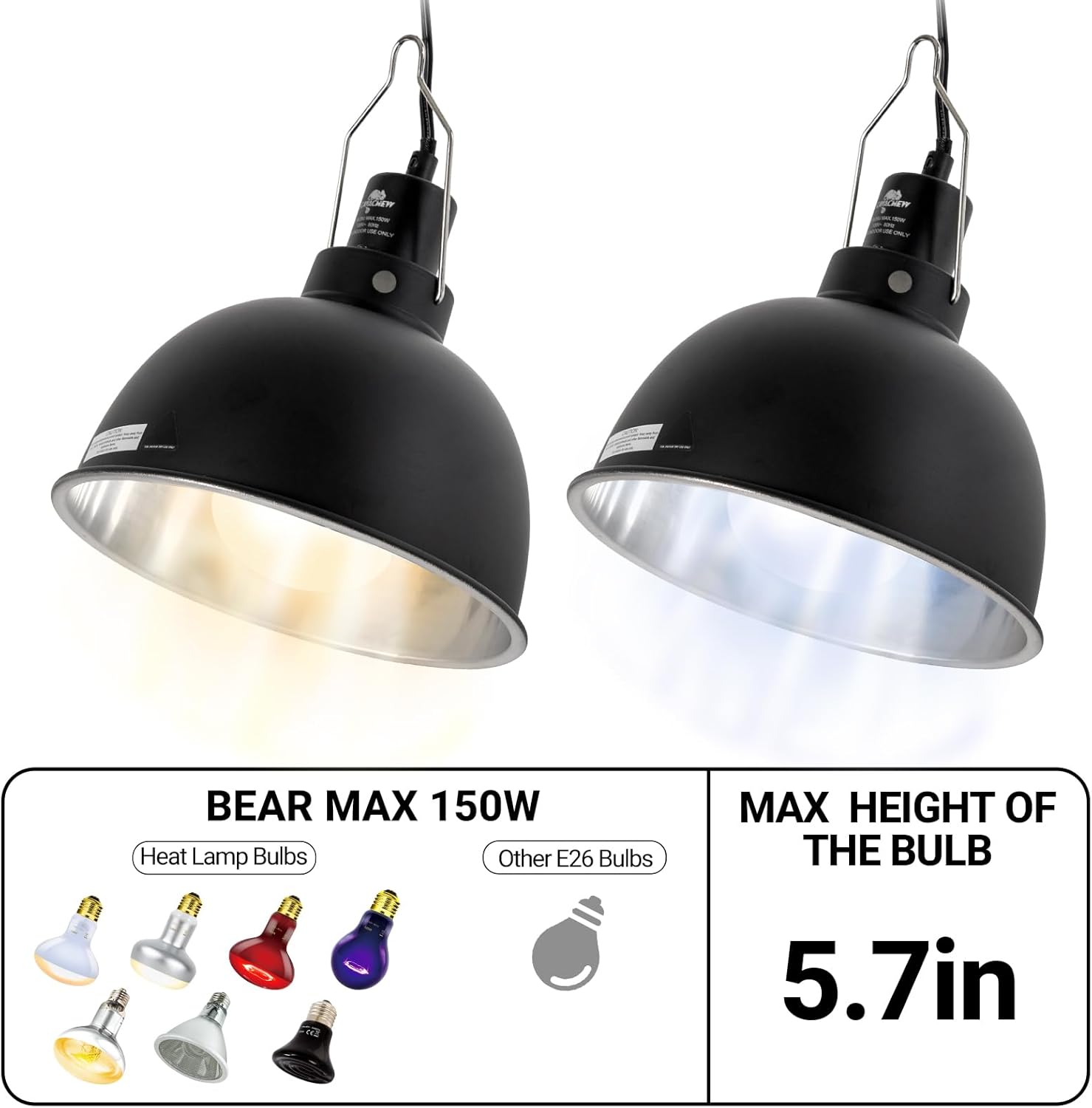 2 Pack Reptile Light Fixture, 8.5in Deep Dome Reptile Lamp Fixture, Optical Reflection Cover, Separate Switche & Hook, Terrarium Light Fixture for Reptile Heat Basking UVB Bulbs, 150W, Black - Pet Explorer