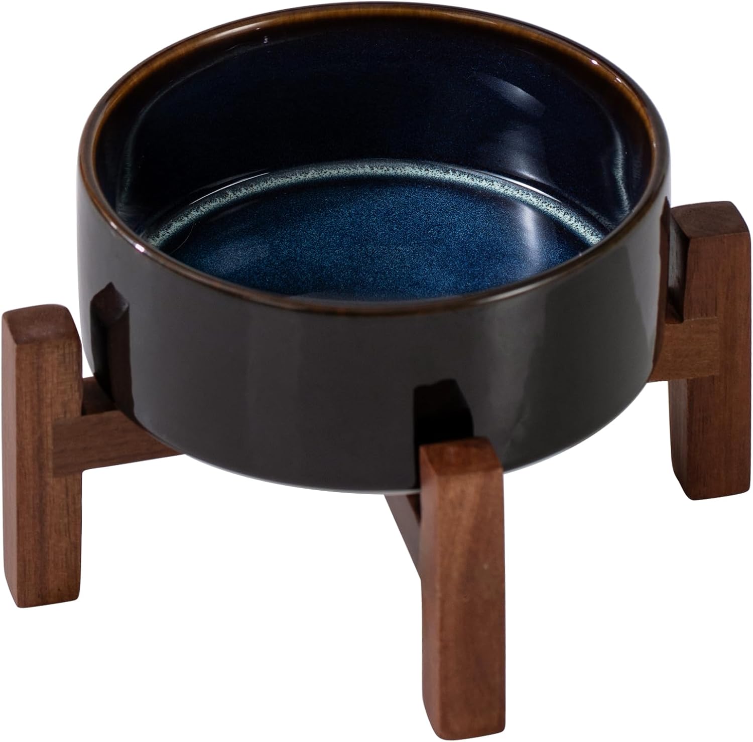 Ceramic 5.1inch Raised Dog and Cat Bowl Set, 2 Heights Elevated Wooden Stand for Puppy, Kitty, Cats, Weighted Pet Food and Water Dishes(5.1'',13.5oz, Starry Sky) - Pet Explorer