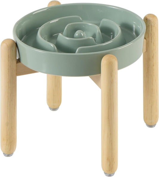 9.5inch Ceramic Raised Slow Feeder Dog Bowl Set, Elevated Bowl with Wooden Stand for Large Dog, Puzzle Slow Pet Food Dish, Preventing Choking(Light Green, Single Bowl+ Stand) - Pet Explorer