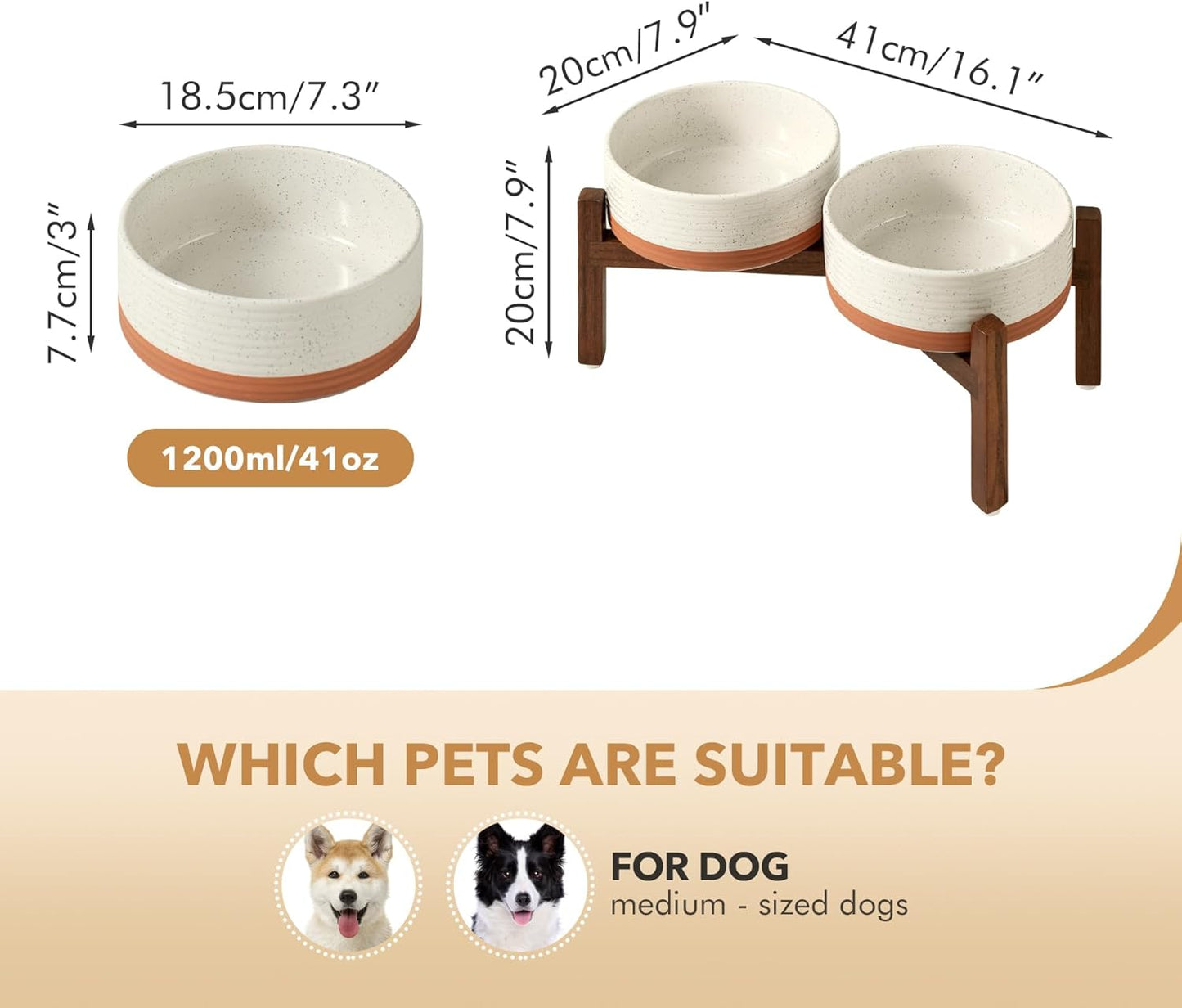 Ceramic 7.3inch Raised Double Dog Bowls Set with Acacia Wood Stand, Food & Water Bowls for Medium Breed Dogs, Weighted Pet Dishes(41oz, Vanilla White) - Pet Explorer