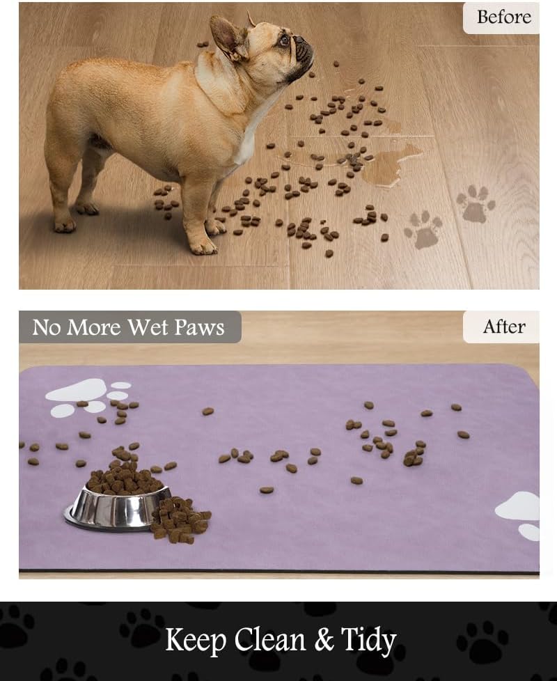 Pet Feeding Mat-Absorbent Dog Mat for Food and Water Bowl-No Stains Quick Dry Water Dispenser Mat-Dog Accessories Pet Supplies-Bowl for Messy Drinkers（Purple,17"x28" - Pet Explorer