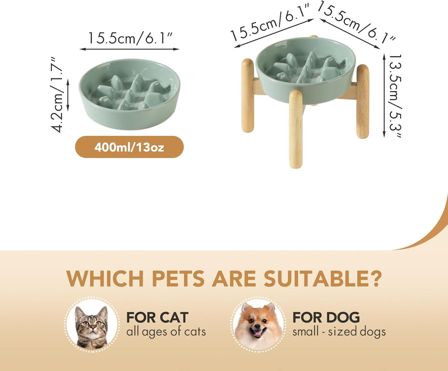 6.1inch Ceramic Dog Raised Slow Feeder Set, Elevated Bowl with Wooden Stand for Small Dog, Pet Slow Feeder Dish for Fast Easters, Anti-Gulping(Light Green, Single Bowl+ Stand) - Pet Explorer