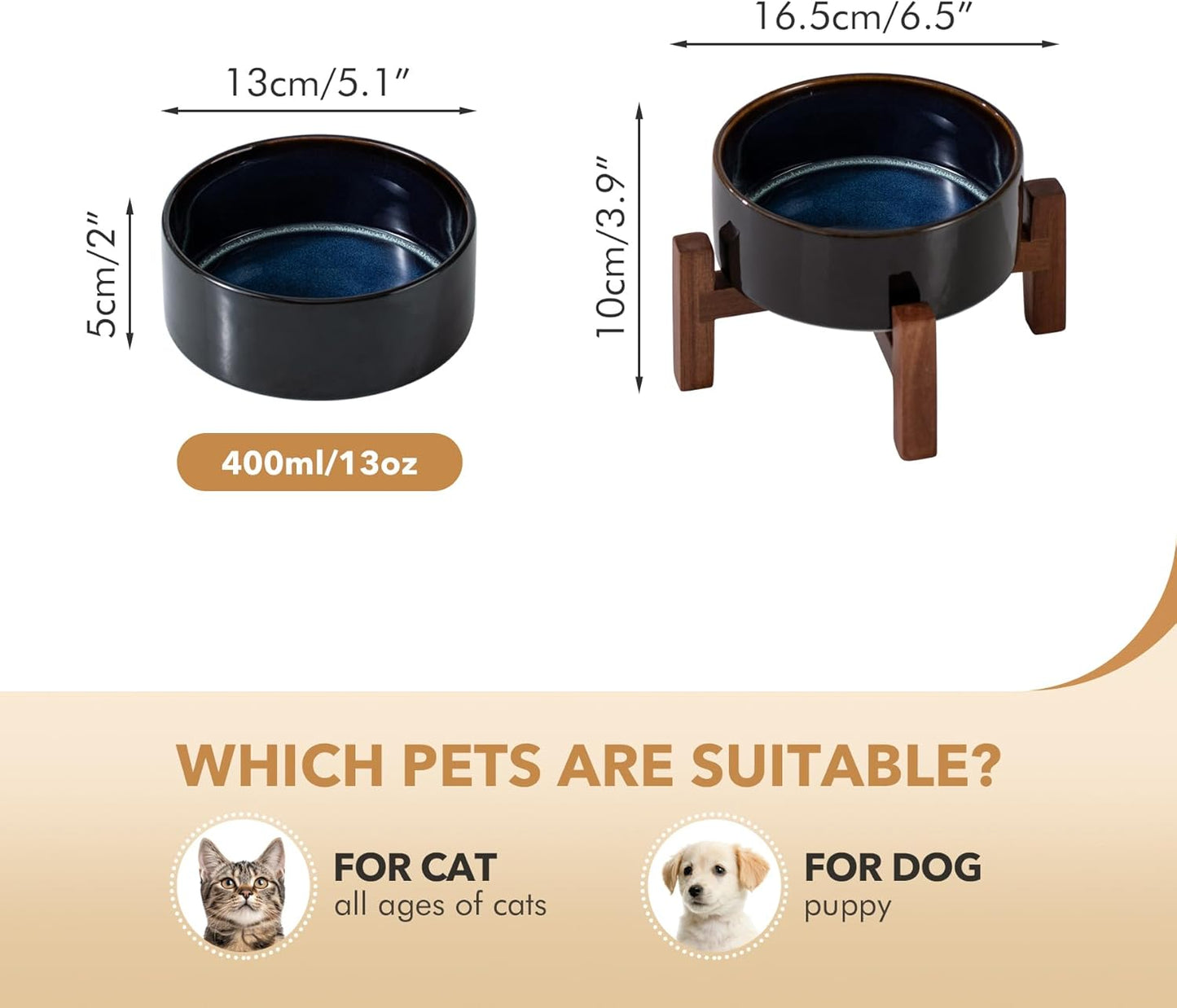 Ceramic 5.1inch Raised Dog and Cat Bowl Set, 2 Heights Elevated Wooden Stand for Puppy, Kitty, Cats, Weighted Pet Food and Water Dishes(5.1'',13.5oz, Starry Sky) - Pet Explorer