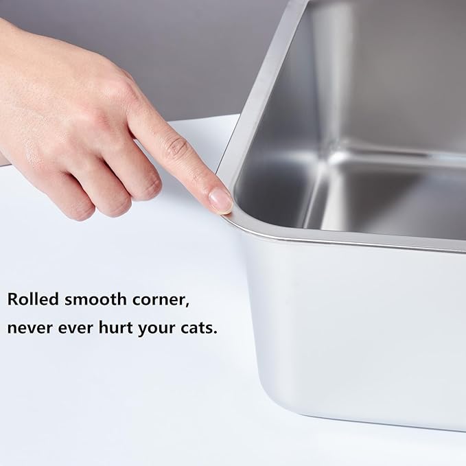 XL Stainless Steel Litter Box 2 Pack, Extra Large High Sided Metal Cat Litter Box with Lid, Scooper & Mat, Easy Clean, Non Stick & No Smell