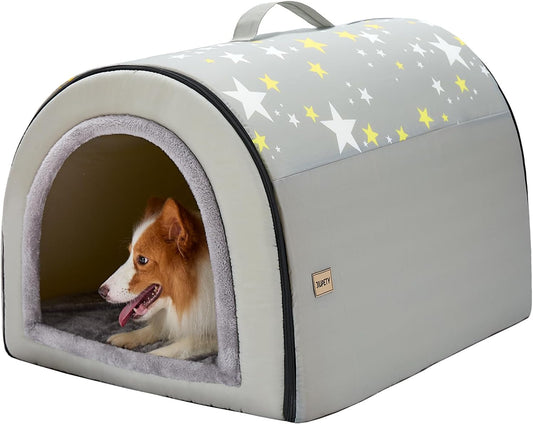 Jiupety 2 in 1 Dog House Indoor, Comfy Cave Bed Covered Dog Bed, Portable House for Medium and Large Dogs, 2XL(35"×27"×26"), Up to 70 Lb, Grey - Pet Explorer