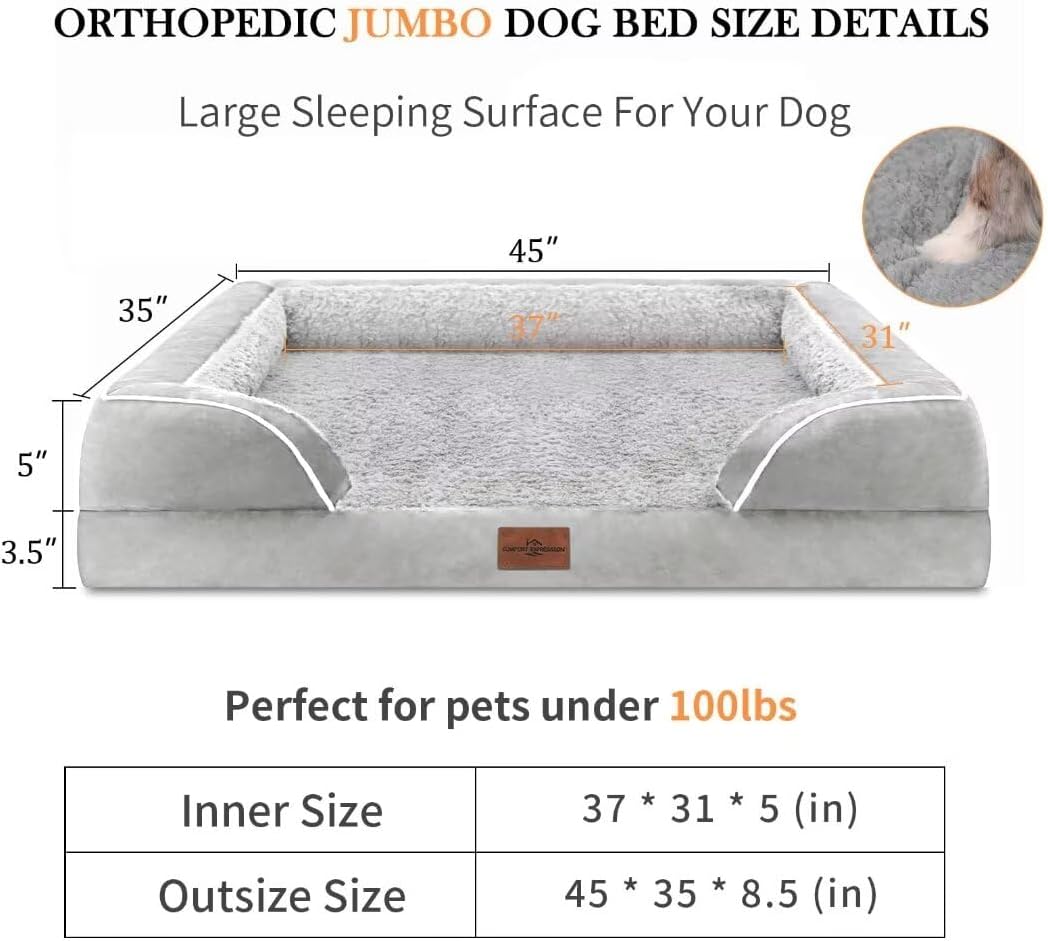 Comfort Expression Cooling Dog Bed, Orthopedic Memory Foam Dog Bed, Jumbo Beds for Extra Large Dogs, Large Breed Dogs Beds Waterproof with Bolster & Removable Cover(Jumbo,Light Grey) - Pet Explorer