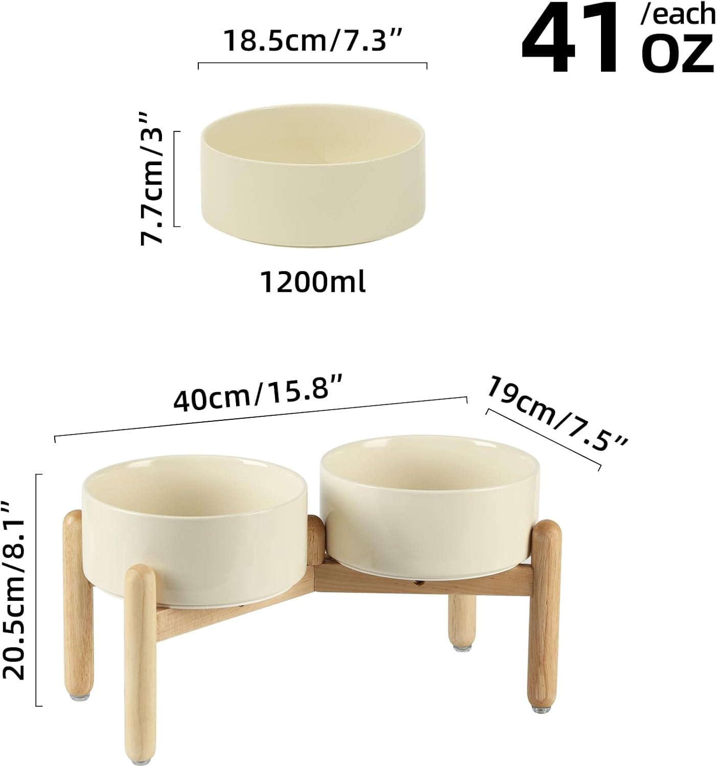 Ceramic 7.3inch Raised Double Bowls Set with Wooden Stand, Food & Water Bowls for Medium Breed Dogs, Weighted Dog Dishes, Pet Feeder(Beige) - Pet Explorer